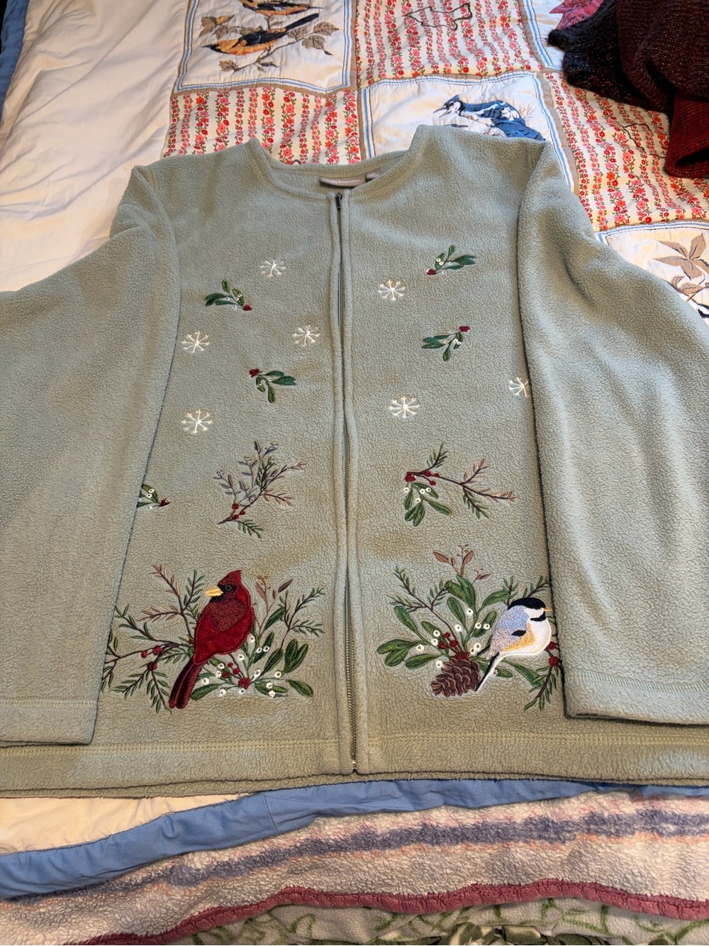croft & barrow Sage Green Embroidered Bird Zip-Front Sweater Jacket